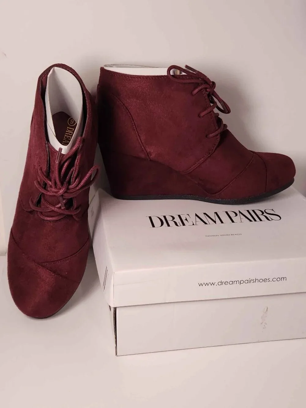Burgundy Wedge Boots Casual Fashion Lace Up Low Heel Ankle Booties